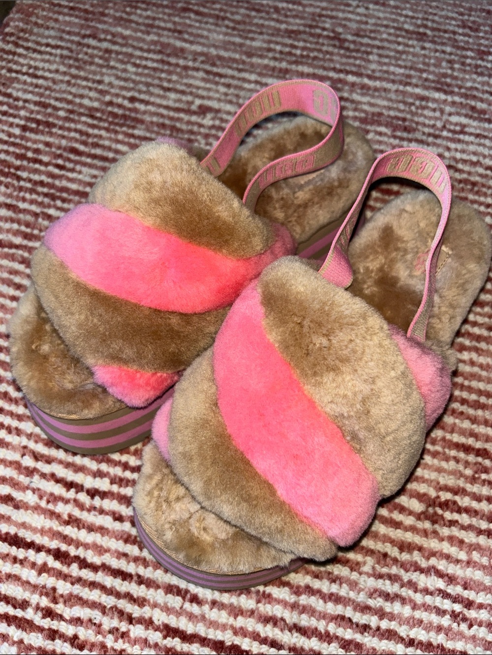 UGG Pink and Brown Fuzzy Slide Sandals with Elastic Back Strap